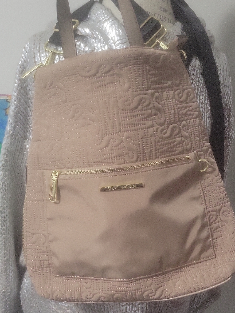Steve Madden Dusty Pink Quilted Logo Backpack with Gold Hardware